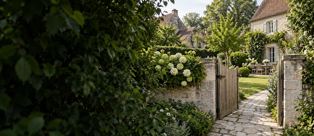 Portail de jardin en pierre et hortensias, allée vers une maison du Valois