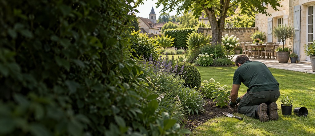 Paysagiste en train de planter un massif dans un jardin du Valois